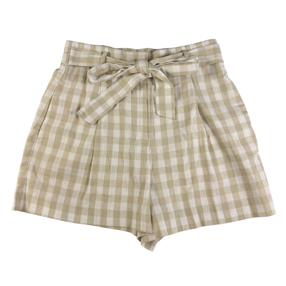 Zara Gingham Paperbag Shorts Womens L Tan White Excellent Tie Waist Cotton Blend